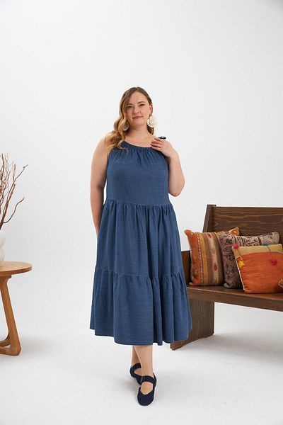 RMG Rubber Gathered Square Neck Plus Size Casual Dress Blue