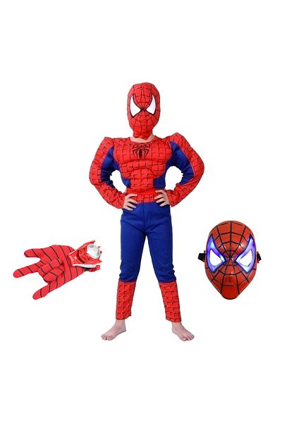 Depox Classic Spiderman costume set with muscles, red, disc glove and LED mask, 3-5 years, 100-110 cm