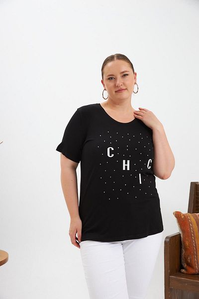 RMG Large Size Stone Detail Printed T-Shirt Black