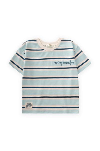 Cigit Tricou cu dungi late brodate 2-10 ani Turcoaz Bleumarin cu dungi