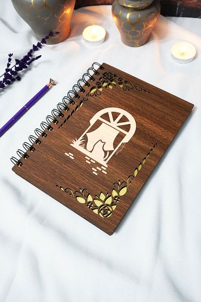 markcat Cat on the Window Spiral Notebook with Wooden Cover - Unlined Notebook - 60 Sheets (120 Pages) - A5 15X21 cm