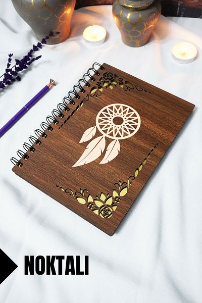 markcat Dream Catcher Wooden Cover Spiral Notebook - Dotted Notebook - 60 Sheets (120 Pages) - A5 15X21 cm