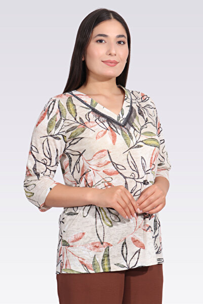 TOLGA SARAÇOĞLU 11034 Beige Striped Detail Patterned Bluz