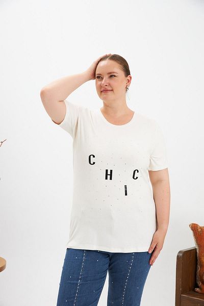 RMG Large Size Stone Detail Printed T-Shirt Ecru
