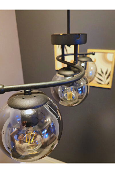 Luzarana Galaksi Modern Tasarım Siyah 3'li Füme Camlı Metal Gövde Avize | Salon, Yatak Odası ve Mutfak İçin