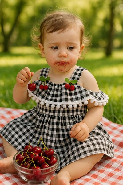 Esterella Pompon Cherry Plaid Dress/ Shoulder Detail Suspender Plaid Dress