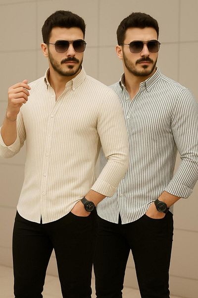 LC Waikiki Advantageous Pack of 2 Men's Classic Stylish Button down Striped Long Sleeve Shirts