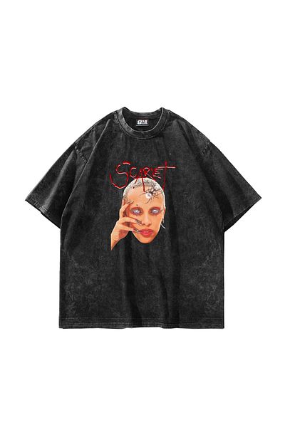 Sekizbiraltı Scarlet Doja Cat Printed Oversize Unisex Πλενόμενο μαύρο μπλουζάκι