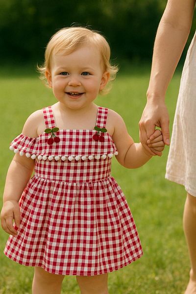 Esterella Pompon Cherry Plaid Dress/ Shoulder Detail Suspender Plaid Dress