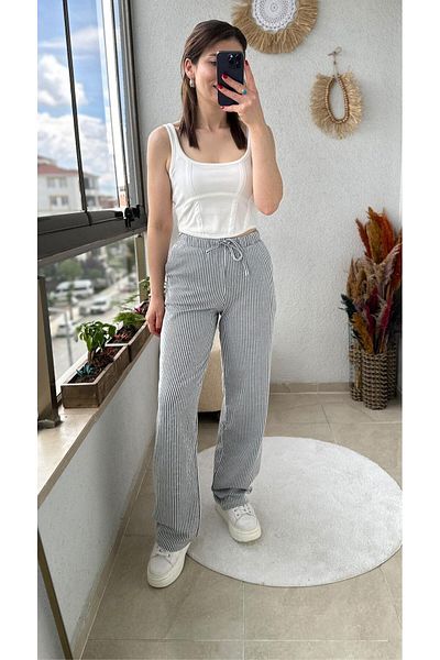 TUNAM BUTİK Line Patterned Cotton Trousers