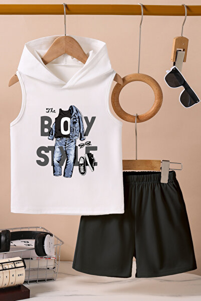 TARZ STİL Special Design Hooded Boy Style Printed Thick Strap T-Shirt Shorts 12555