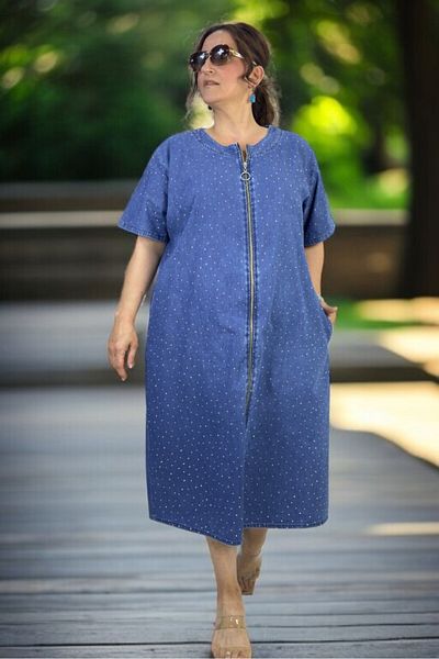 yagmurberen Front to Back Zippered Stone Embroidered Pocket Short Sleeve Large Size Jean Denim Dress