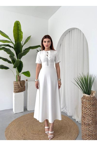 Afiş Butik White Bow Stone Midi Dress