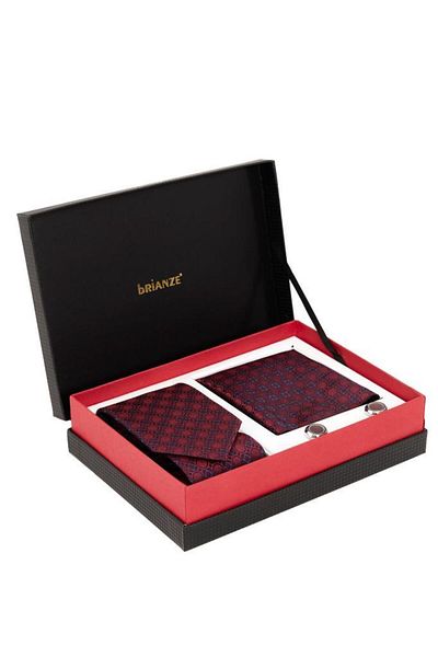 Brianze Burgundy Patterned Tie, Handkerchief and Cufflink Gift Set