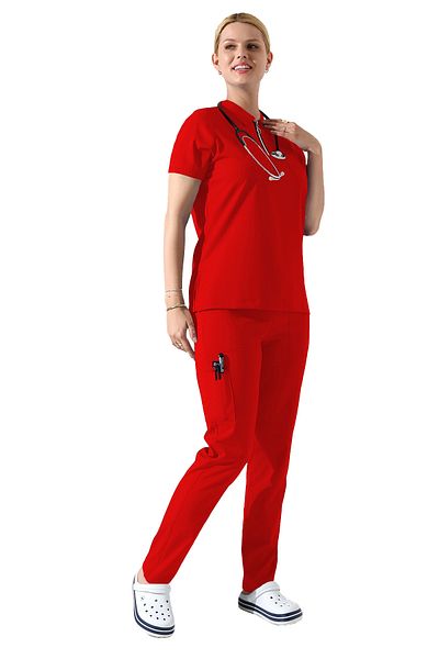 BEDUCA Red Lycra Polo Collar Zippered Nurse Uniform Set, Esthetician and Beauty Center Outfit