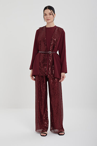 Jupe Kemer Detaylı Işıltılı Payet Granili Krep İkili Takım 8542