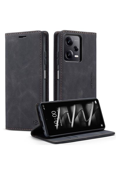 SKYDDAR INNOVATION Husă pentru Xiaomi Redmi Note 14 4G, portofel moale, tip carte, din piele premium, neagră, set autocolante