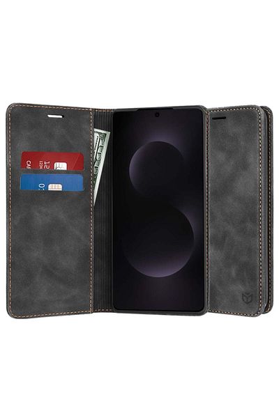 SKYDDAR INNOVATION Husă pentru Samsung Galaxy S25 Edge, portofel moale, tip carte, din piele ecologică premium, neagră, set autocolante