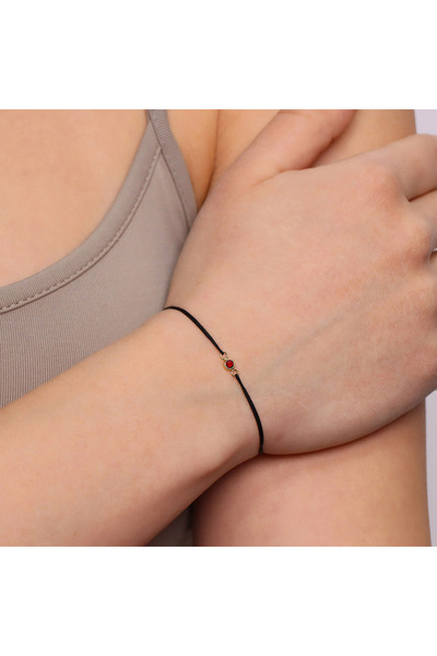 MOHI Fine Jewellery Bratara snur negru reglabil cu piatra rosie, aur 14k