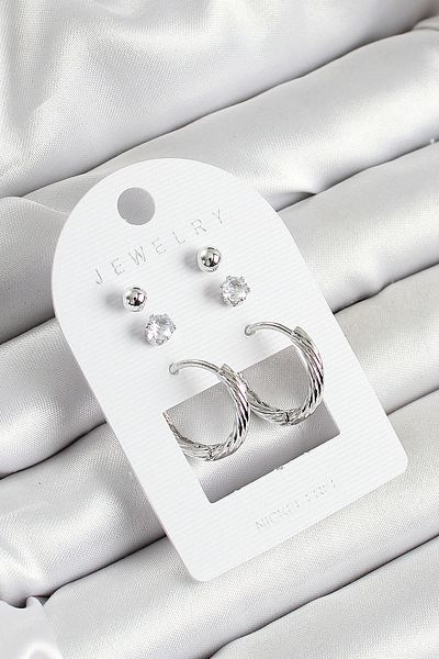 STİLLOVE Silver Color 3-Piece Double Women's Earring Set with Brass Zircon Stone and Ring Figure Sl12107