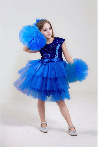 ABİYEKİDS Pompom Sleeves Buckle Yellow Birthday Party Show April 23 Graduation Dress Aby160