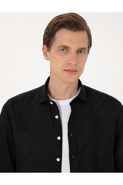 Pierre Cardin Черна риза с дълъг ръкав, стандартна кройка, 100% лен 50303293-VR046