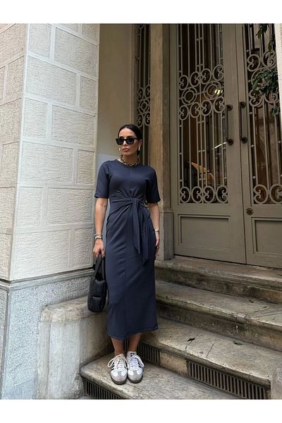 Ecenin Favorileri Modal Fabric Anthracite Women's Dress with Tie Waist