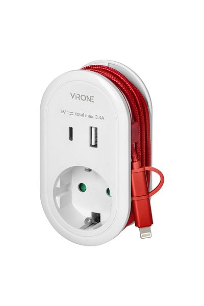Orno Socket adapter with 2 x USB-type A + type C, charging cable-type C + lightning, and a schuko socket