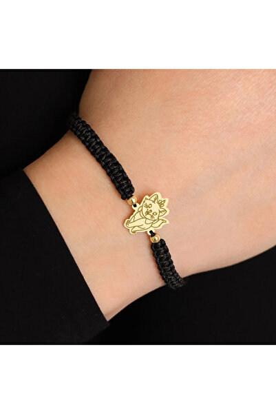 MOHI Fine Jewellery Bratara snur reglabil aur 14k, cu pandant in forma de pisicuta