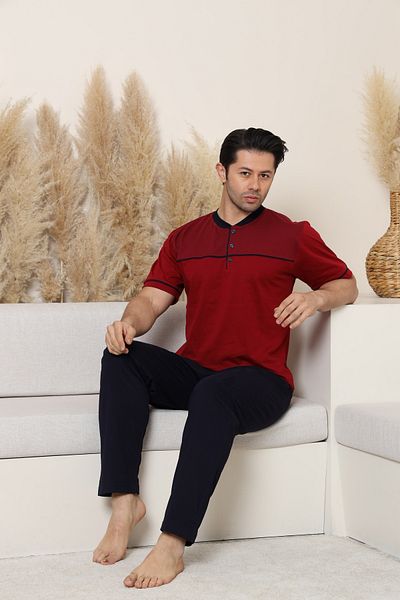 KAPİTEX Men's Short Sleeve, Bottom Long Placket Button, with Pockets 100% Cotton Burgundy Color Father's Day Pajamas Set
