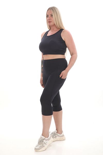 BANEGA Curve Women's Plus Size Gathering Double Pocket Navy Blue Capri Leggings Pad Crop Double Suit
