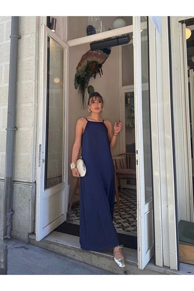 Ecenin Favorileri Μάξι λινό φόρεμα με λουράκι Navy Blue