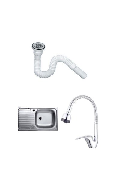 TEMPOLINE Undermount sink set, stainless steel, left bowl, Raulconstruct, 80x50 cm, flexible swan faucet with siphon