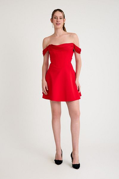 SpringStore Red Draped Madonna Collar Short Evening Dress
