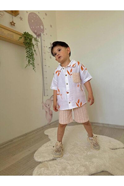 Yalçınoğlu Kids Summer Suit for Kids: Palm Print Shirt and Shorts I Elegance on Vacation I Wrinkled Fabric I