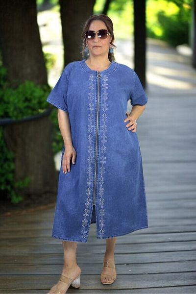 yagmurberen Front to Back Zippered Stone Decorated Pocket Short Sleeve Large Size Jean Denim Dress