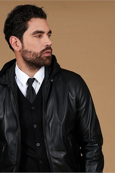 By Marki Marki Men's Hooded Genuine Leather Jacket – Black, Zippered, Lined, 4 Pockets - 505122