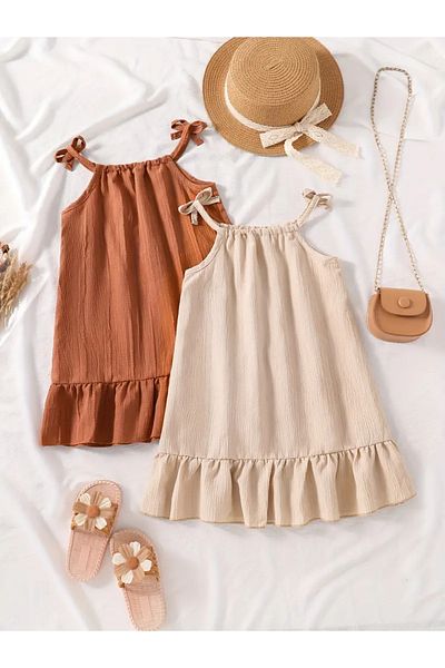 Machetta Relaxed Cut Ruffled Rope Strap Woven Fabric 2-Piece Children's Dress