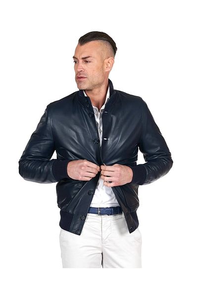 By Marki Marki Men's Navy Blue Genuine Leather Jacket – Button Closure, Vintage Style, 4 Pockets, 67 cm - 505222