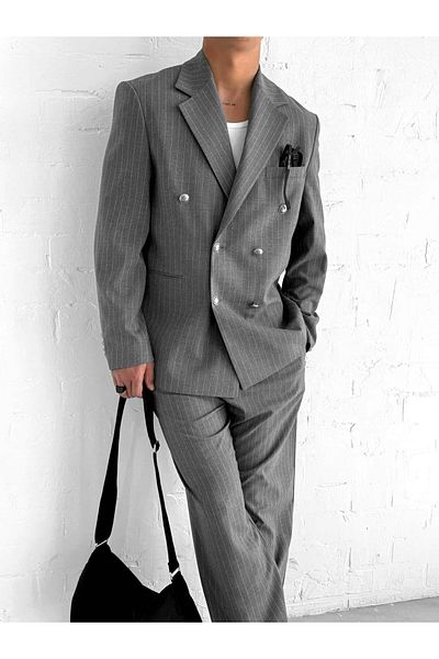 ablukaonline Men's Striped Oversize Double Breasted Suit Gray