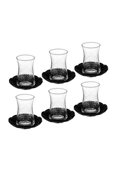 Dania Set of Turkish Engraved Glass Tea Cups with Black Glass Saucers - 6 Cups + 6 Saucers