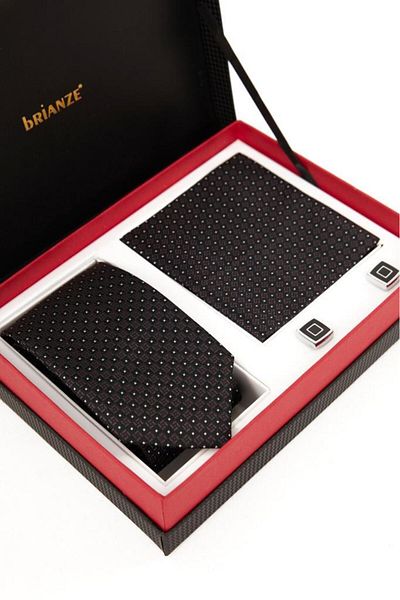 Brianze Black Patterned Tie, Handkerchief and Cufflink Gift Set