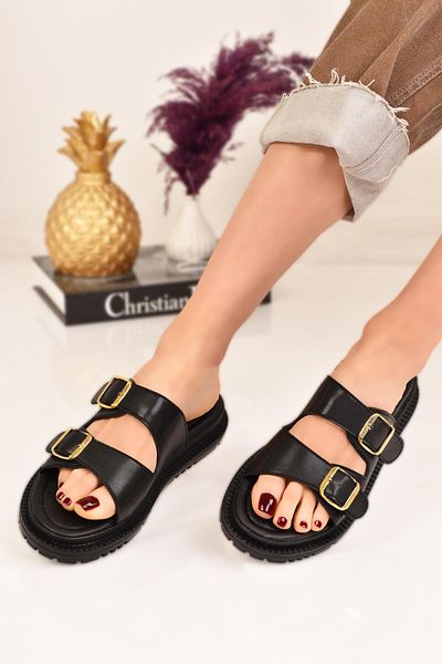 Peta Women's Black Double Striped Gold Buckle Soft Sole Comfortable Slippers