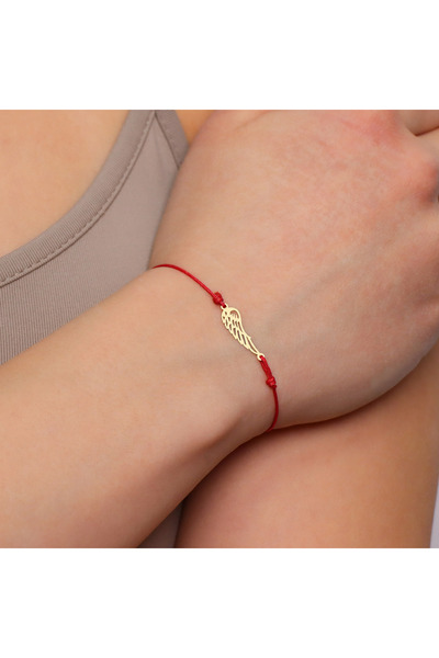 MOHI Fine Jewellery Bratara snur rosu reglabil aur 14k, cu pandant in forma de aripa