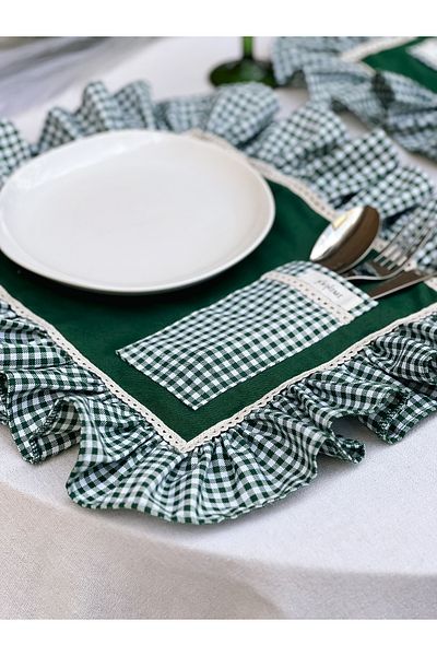 KaiHome Pocketed Raw Linen Checkered Ruffle Detailed American Service/ Supla 2Pcs