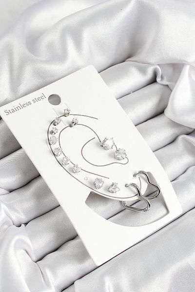 STİLLOVE 316L Steel Heart Figured and Zircon Stone Silver Color 7-Piece Double Women's Earring Set Sl12100