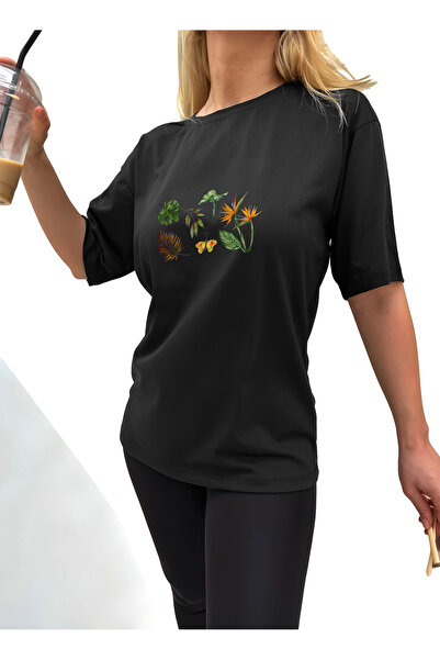 Club Space Astro Leaf Printed Oversize Women's Black Tshirt