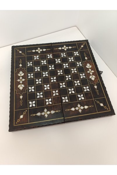 Mess Mother-Of-Pearl Inlaid, Filigree Embroidered, Handcrafted, Large Size Wooden Backgammon Board - Dark (25X50 cm)