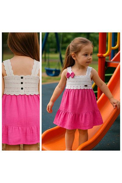 Uğur bebe New Season Knitted Model Woven Girl's Pink Dress with Bow