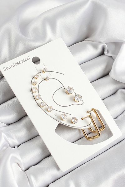 STİLLOVE 316L Steel Rectangular Figure and Zircon Stone Gold Color 7-Piece Double Women's Earring Set Sl12103